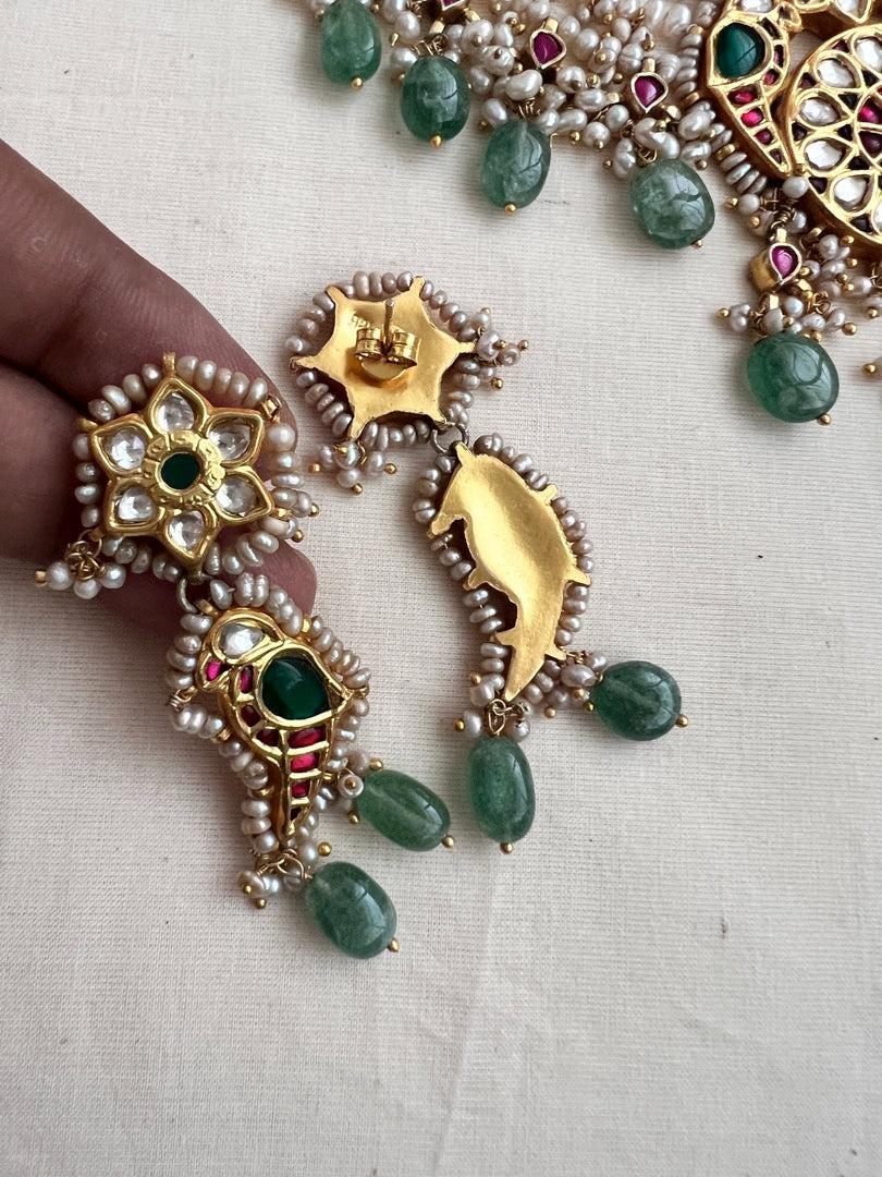 Kundan, ruby & emerald peacock necklace with pearls & jade beads, SET-Silver Neckpiece-CI-House of Taamara