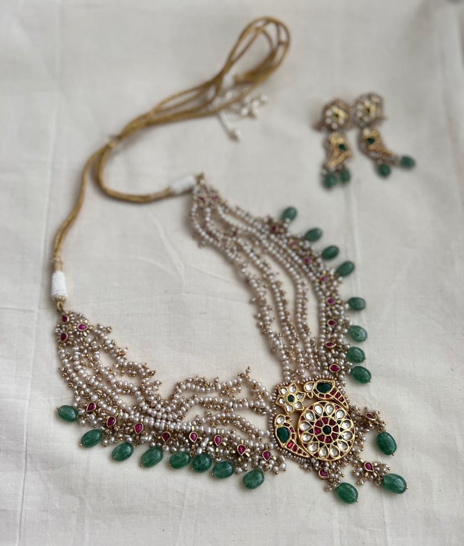 Kundan, ruby & emerald peacock necklace with pearls & jade beads, SET-Silver Neckpiece-CI-House of Taamara