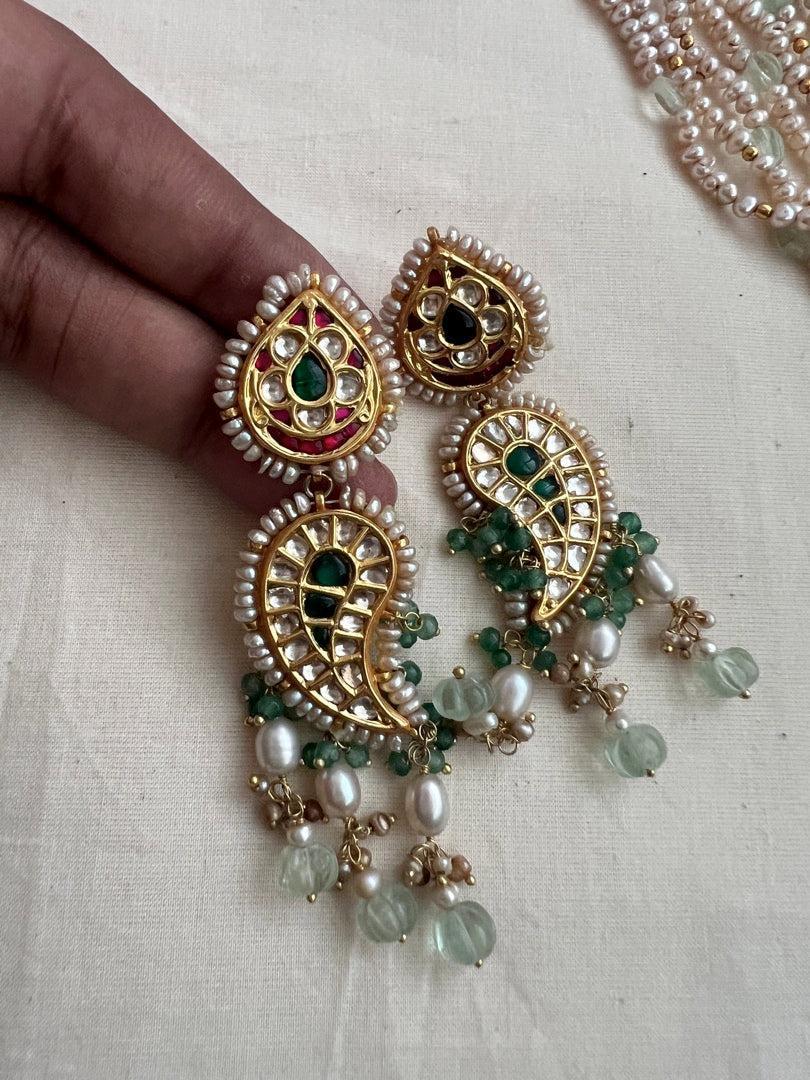 Kundan, ruby & emerald peacock necklace with pearls & jade beads, SET-Silver Neckpiece-CI-House of Taamara