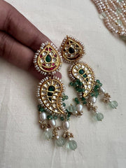 Kundan, ruby & emerald peacock necklace with pearls & jade beads, SET-Silver Neckpiece-CI-House of Taamara