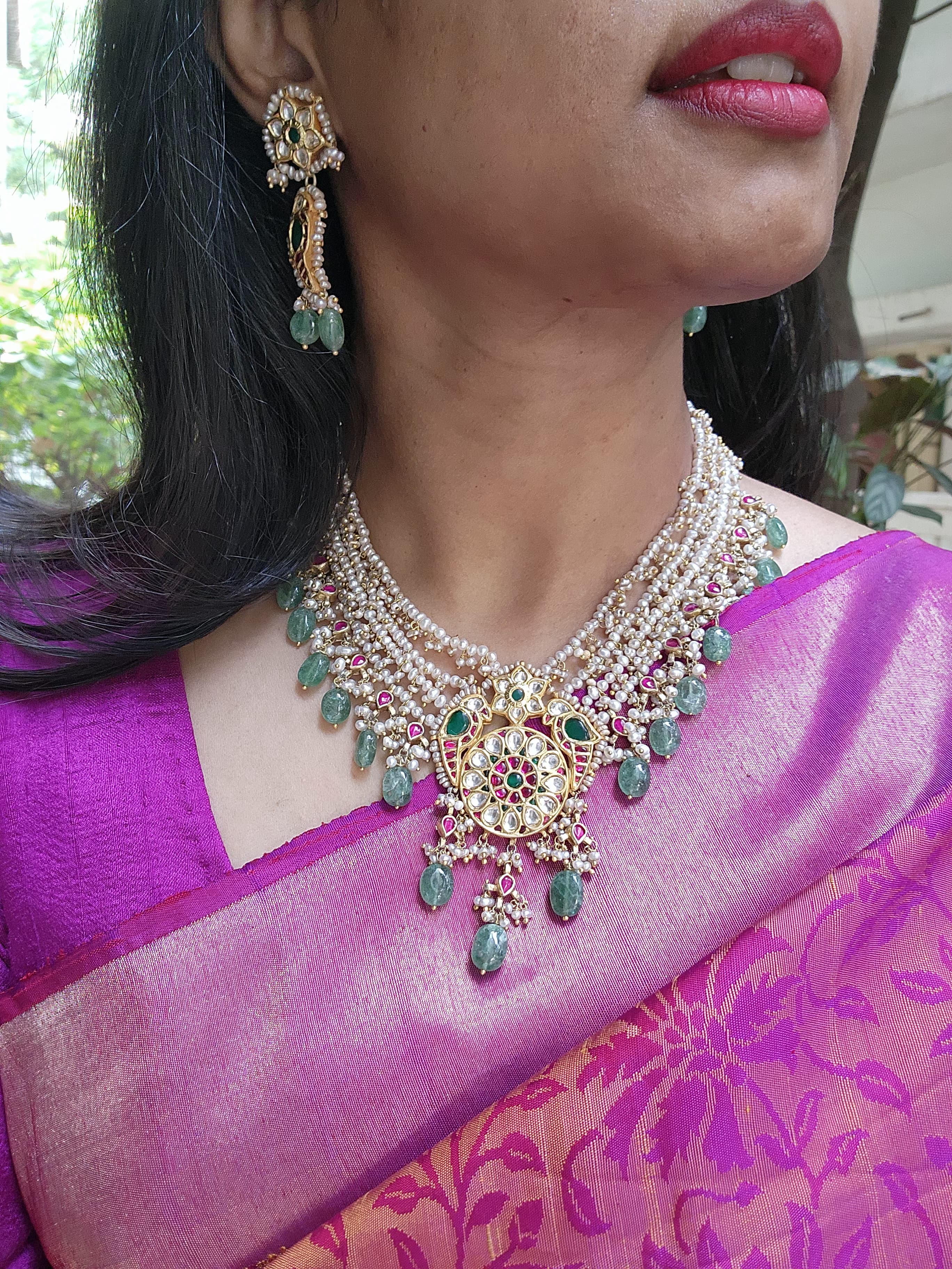 Kundan, ruby & emerald peacock necklace with pearls & jade beads, SET-Silver Neckpiece-CI-House of Taamara