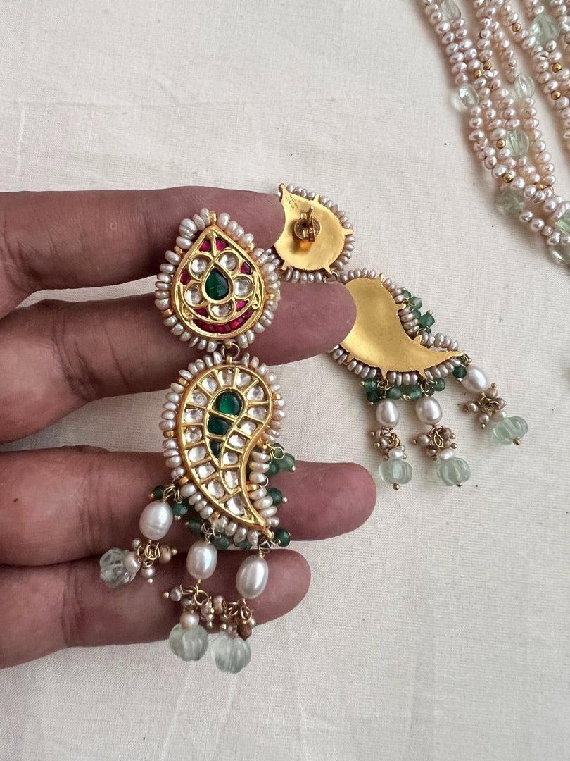 Kundan, ruby & emerald peacock necklace with pearls & jade beads, SET-Silver Neckpiece-CI-House of Taamara