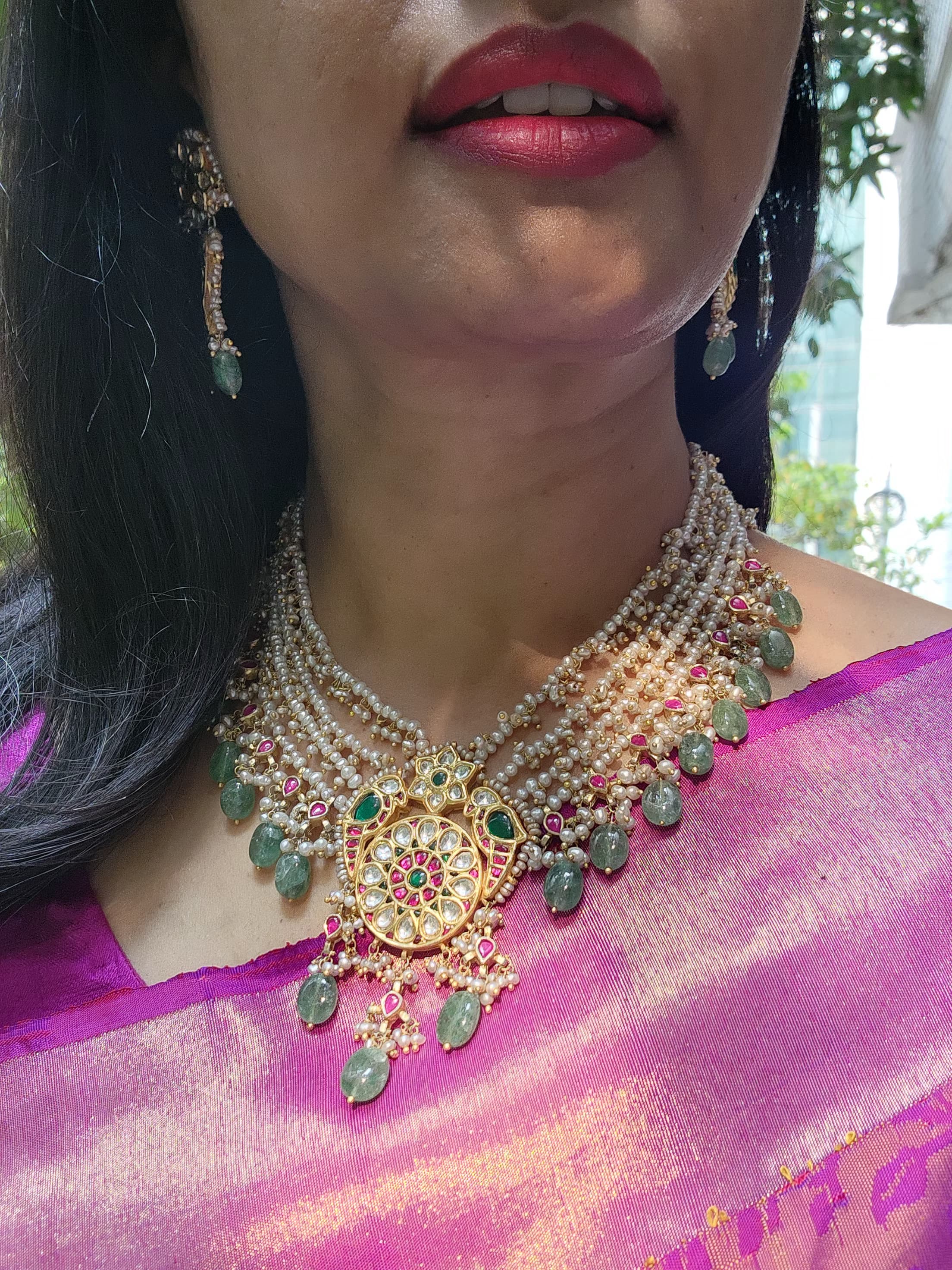 Kundan, ruby & emerald peacock necklace with pearls & jade beads, SET-Silver Neckpiece-CI-House of Taamara