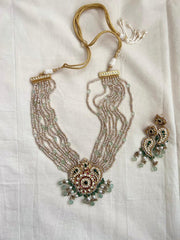 Kundan, ruby & emerald peacock necklace with pearls & jade beads, SET-Silver Neckpiece-CI-House of Taamara