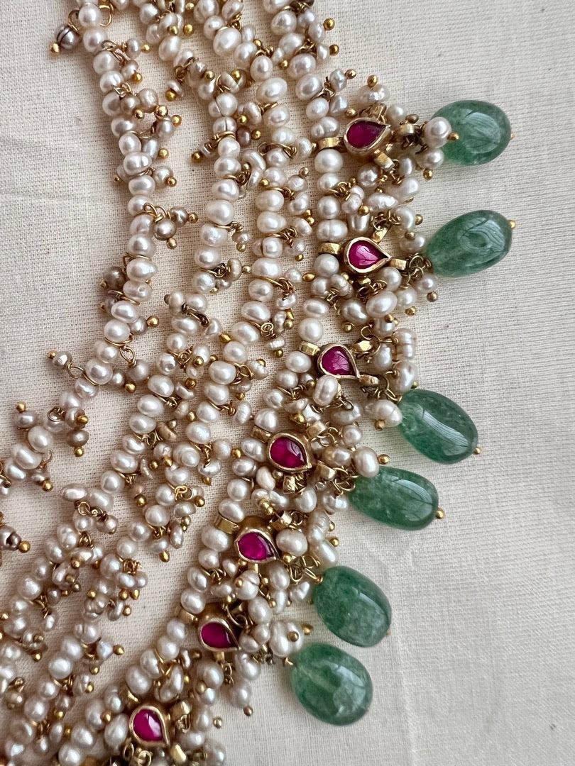 Kundan, ruby & emerald peacock necklace with pearls & jade beads, SET-Silver Neckpiece-CI-House of Taamara