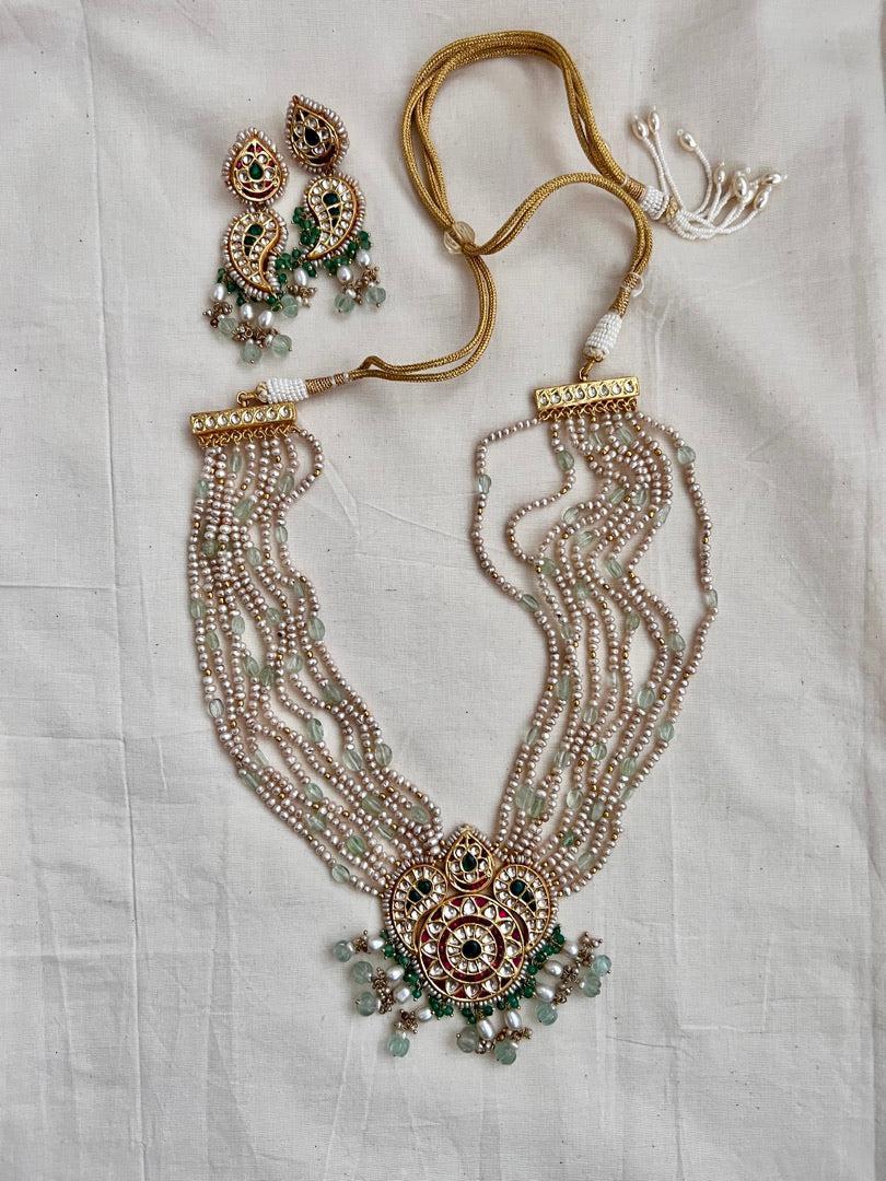 Kundan, ruby & emerald peacock necklace with pearls & jade beads, SET-Silver Neckpiece-CI-House of Taamara