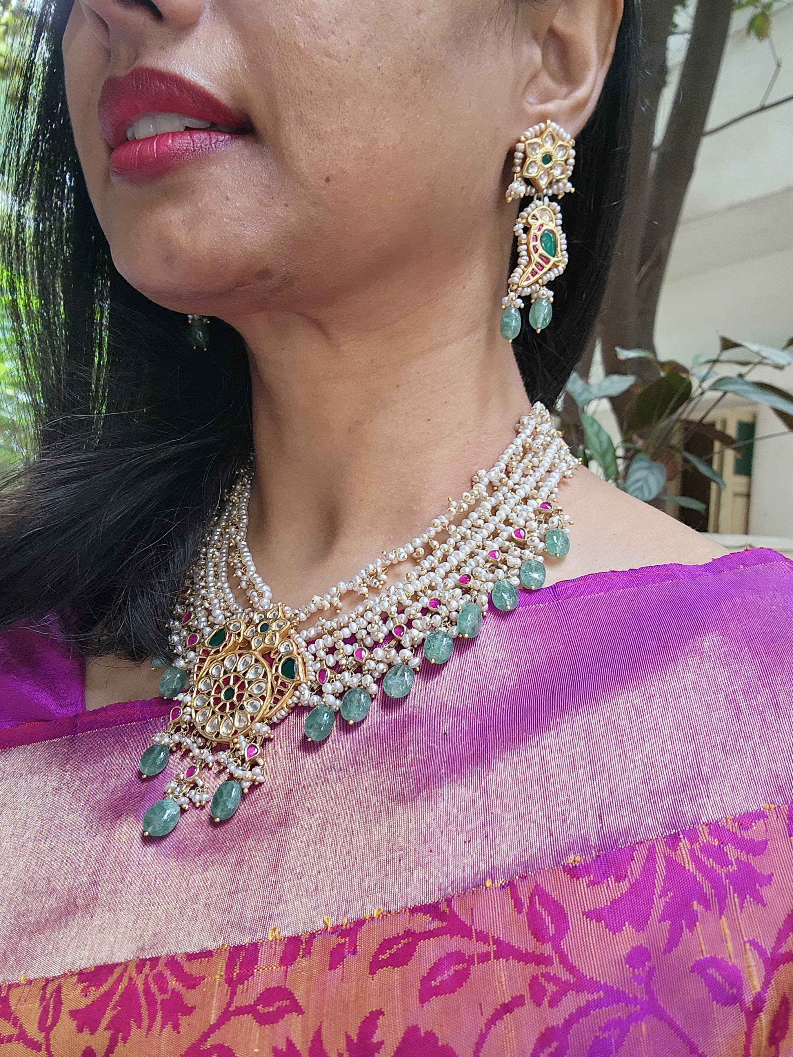 Kundan, ruby & emerald peacock necklace with pearls & jade beads, SET-Silver Neckpiece-CI-House of Taamara
