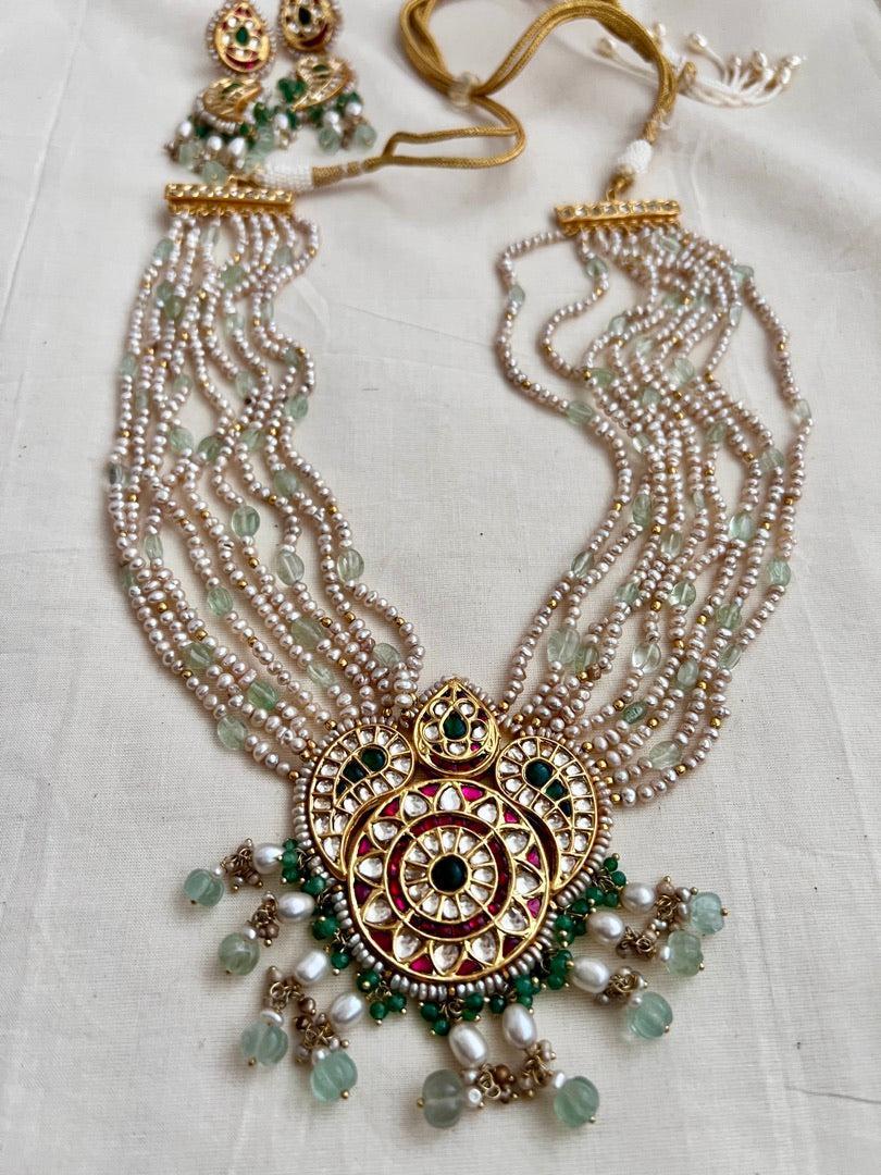 Kundan, ruby & emerald peacock necklace with pearls & jade beads, SET-Silver Neckpiece-CI-House of Taamara