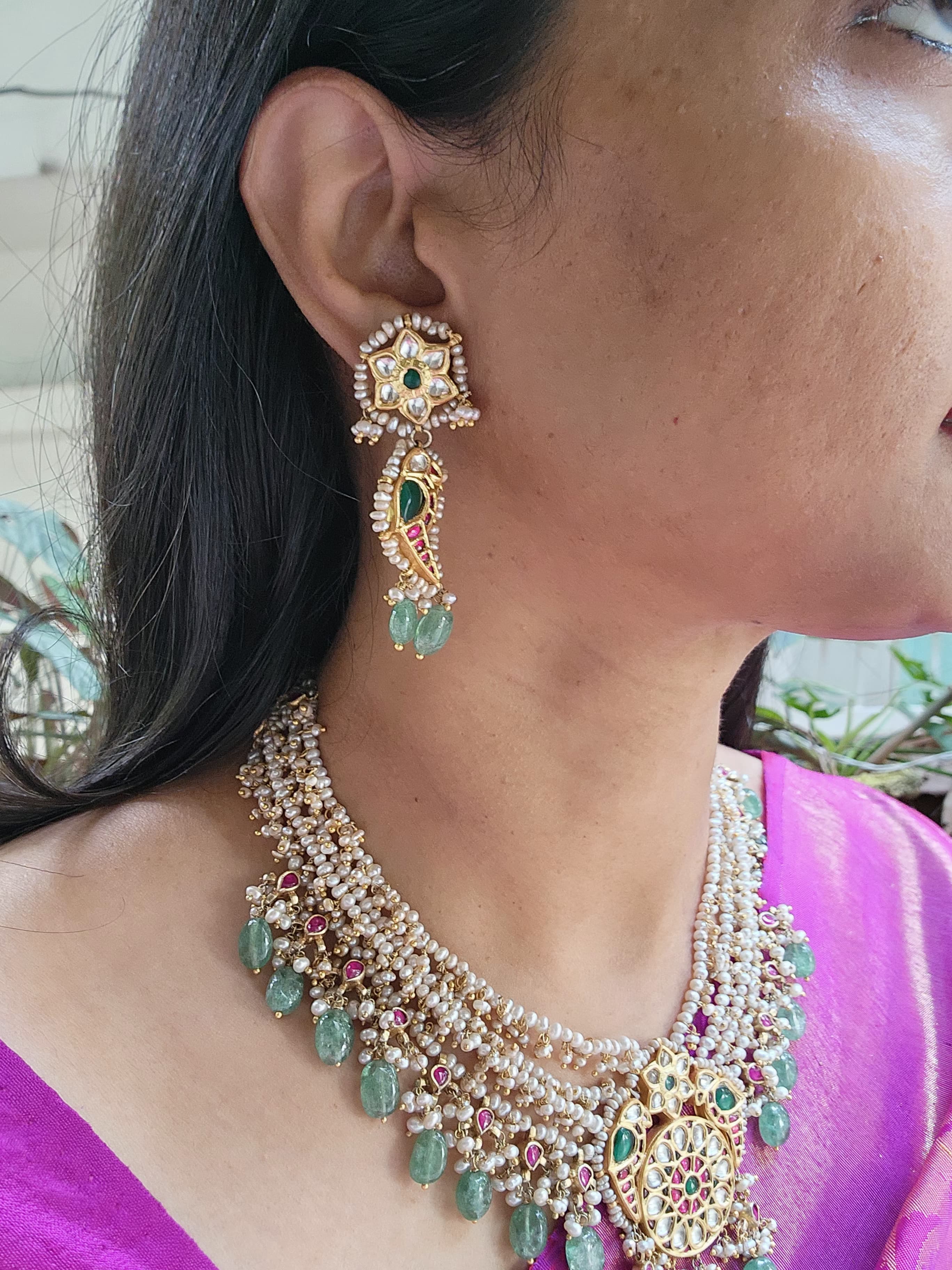 Kundan, ruby & emerald peacock necklace with pearls & jade beads, SET-Silver Neckpiece-CI-House of Taamara