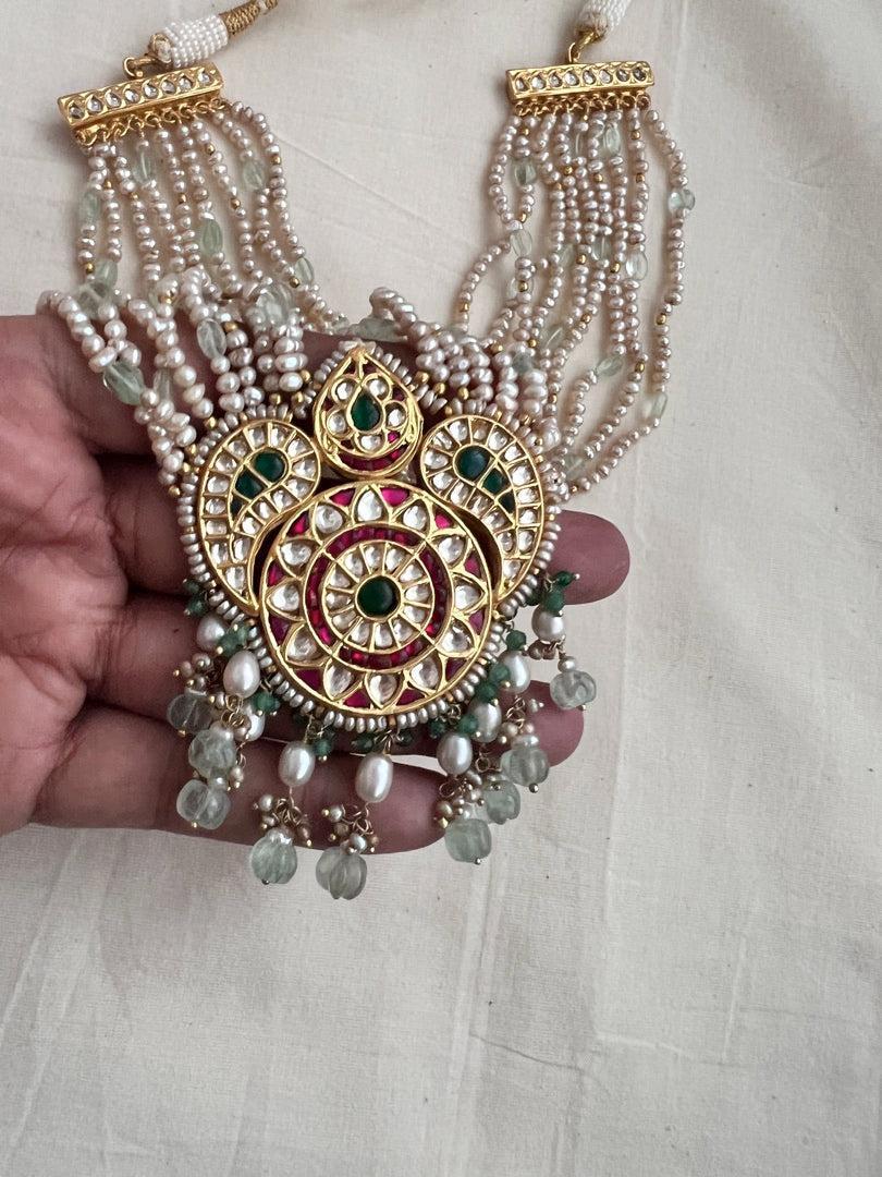 Kundan, ruby & emerald peacock necklace with pearls & jade beads, SET-Silver Neckpiece-CI-House of Taamara