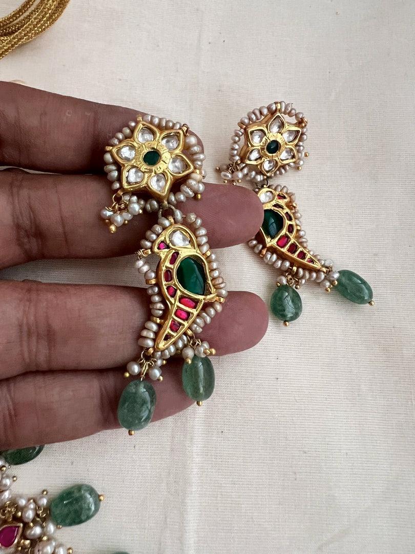 Kundan, ruby & emerald peacock necklace with pearls & jade beads, SET-Silver Neckpiece-CI-House of Taamara