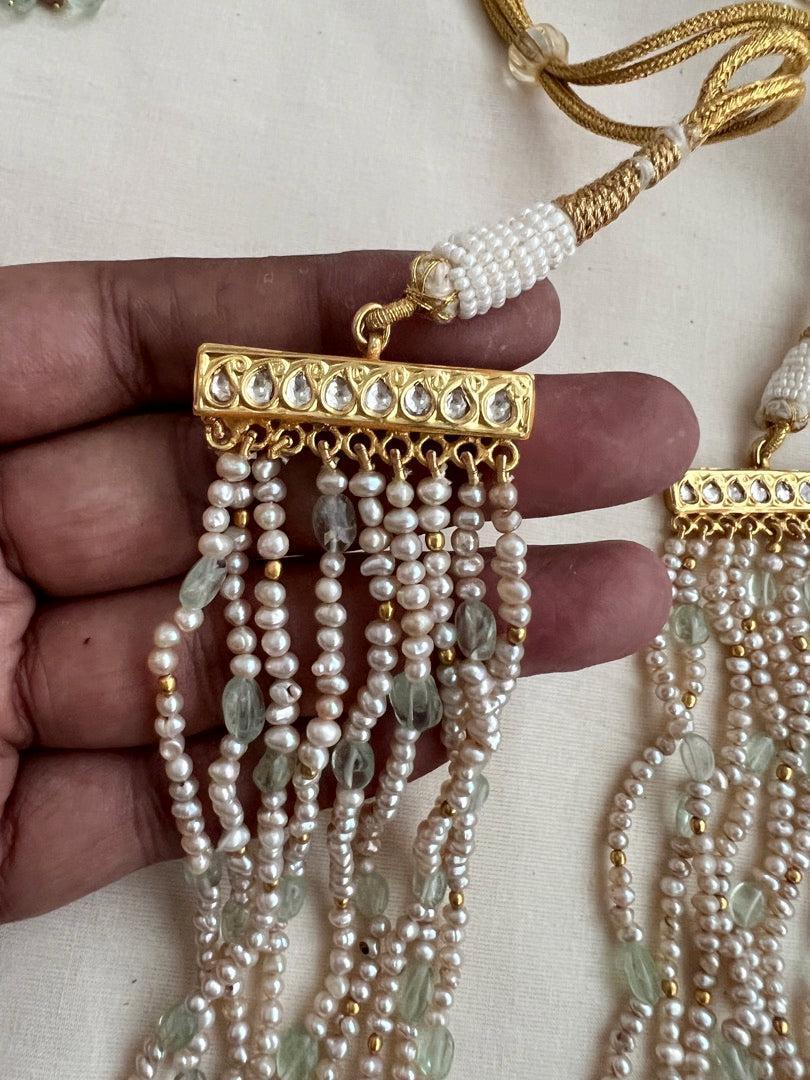 Kundan, ruby & emerald peacock necklace with pearls & jade beads, SET-Silver Neckpiece-CI-House of Taamara