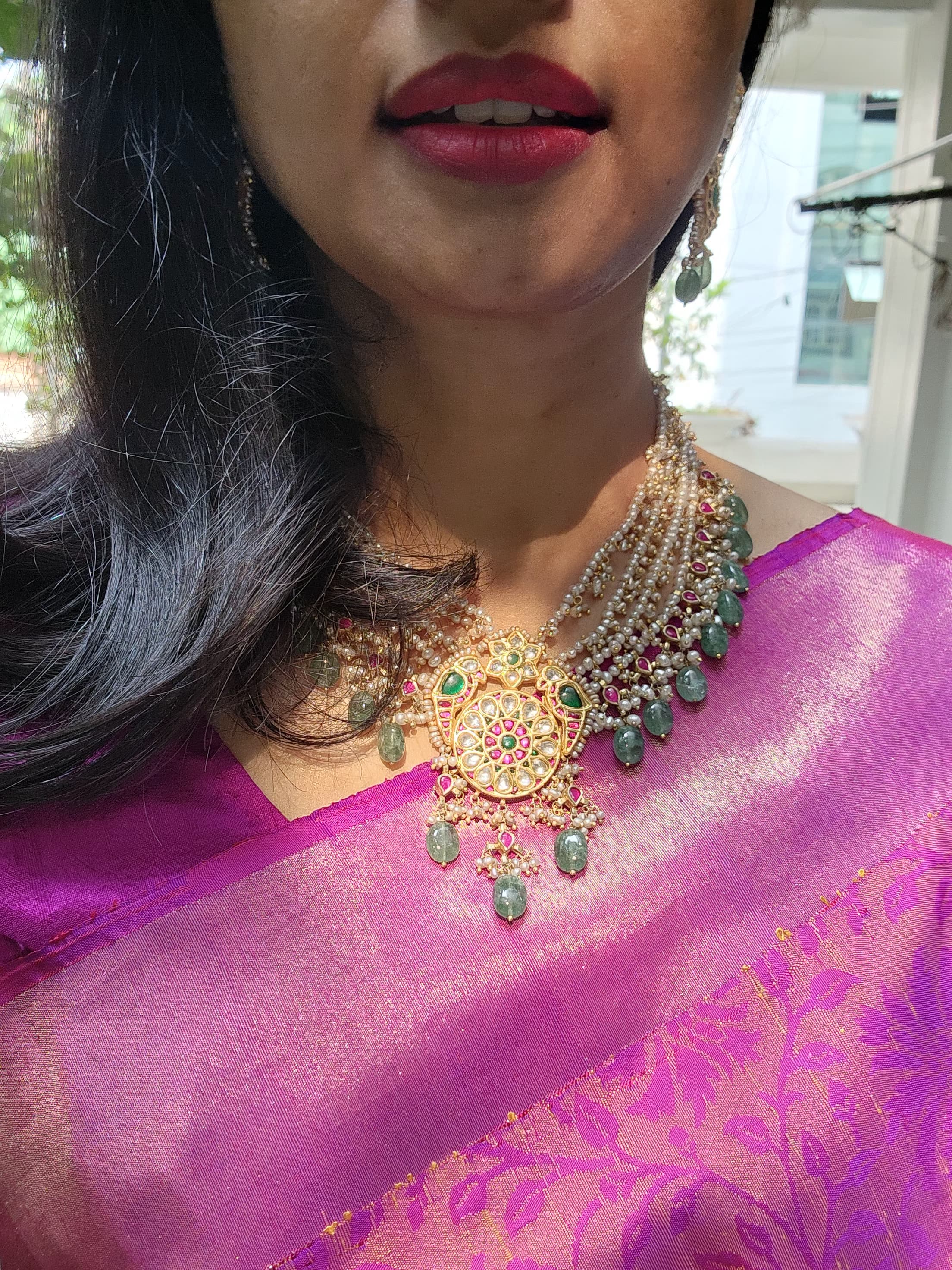 Kundan, ruby & emerald peacock necklace with pearls & jade beads, SET-Silver Neckpiece-CI-House of Taamara