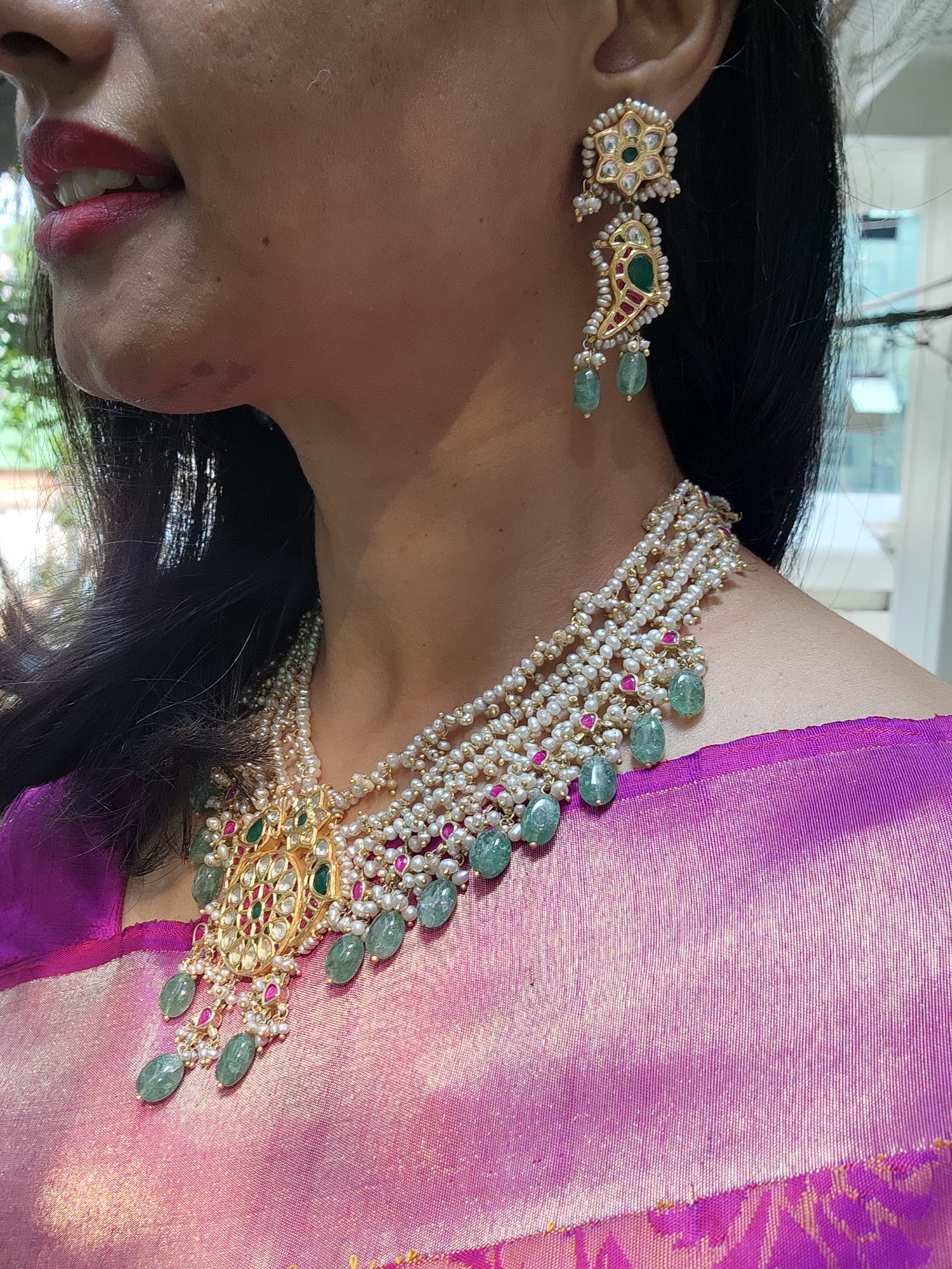 Kundan, ruby & emerald peacock necklace with pearls & jade beads, SET-Silver Neckpiece-CI-House of Taamara