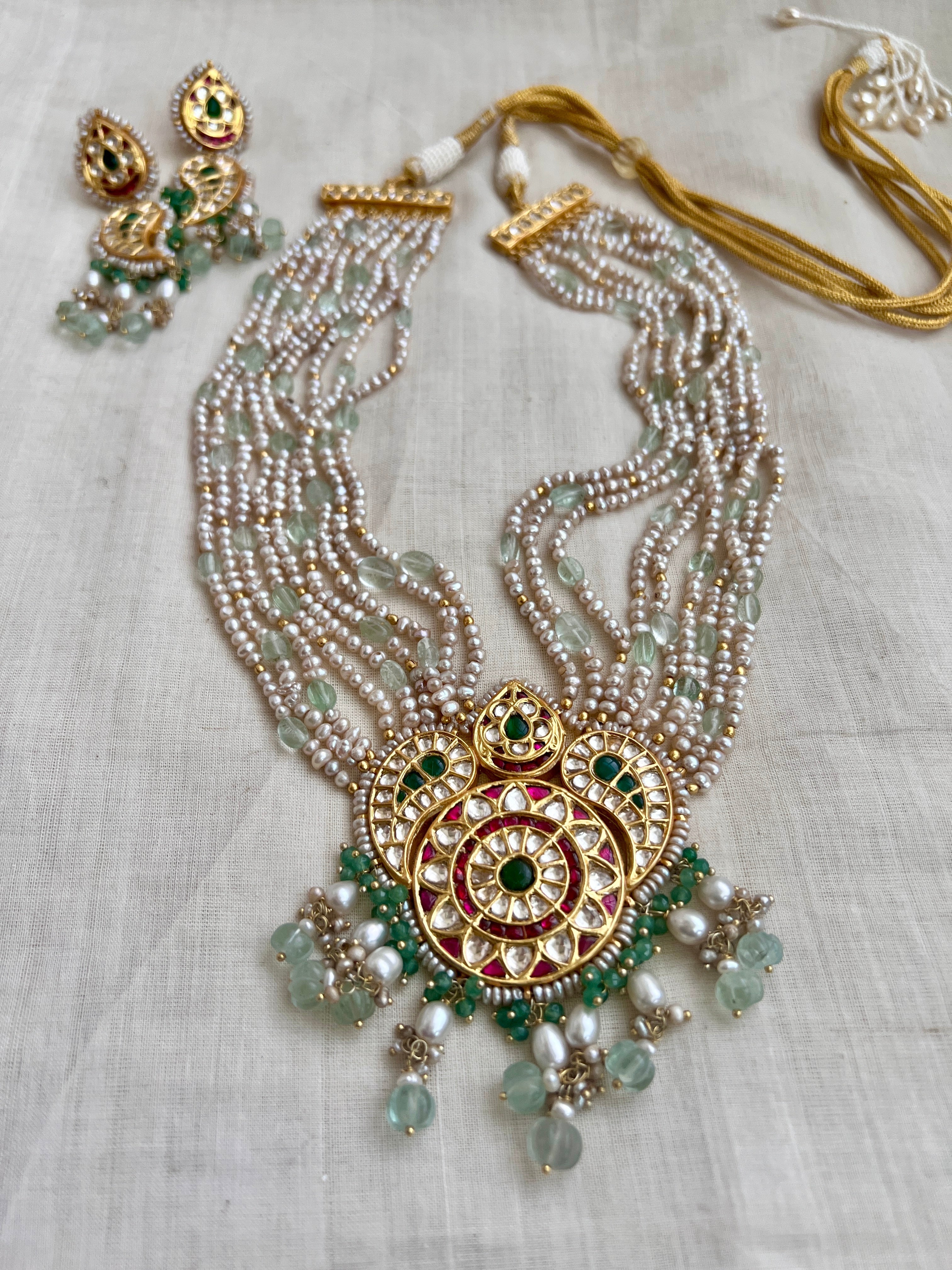 Kundan, ruby & emerald peacock necklace with pearls & jade beads, SET-Silver Neckpiece-CI-House of Taamara