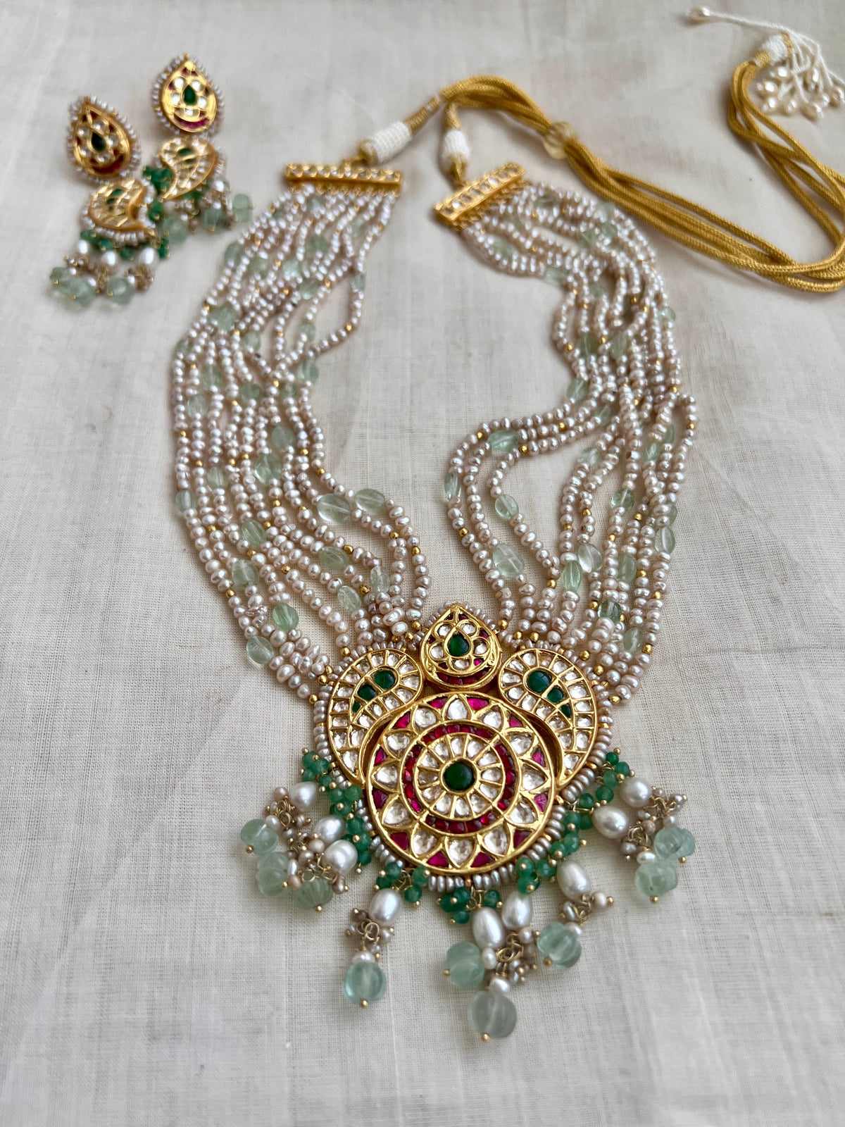 Kundan, ruby & emerald peacock necklace with pearls & jade beads, SET-Silver Neckpiece-CI-House of Taamara