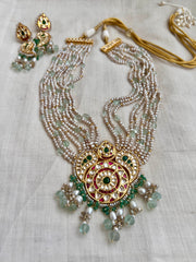 Kundan, ruby & emerald peacock necklace with pearls & jade beads, SET-Silver Neckpiece-CI-House of Taamara