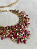 Kundan, ruby & emerald peacock necklace with pearls & ruby beads-Silver Neckpiece-CI-House of Taamara