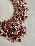 Kundan, ruby & emerald peacock necklace with pearls & ruby beads-Silver Neckpiece-CI-House of Taamara