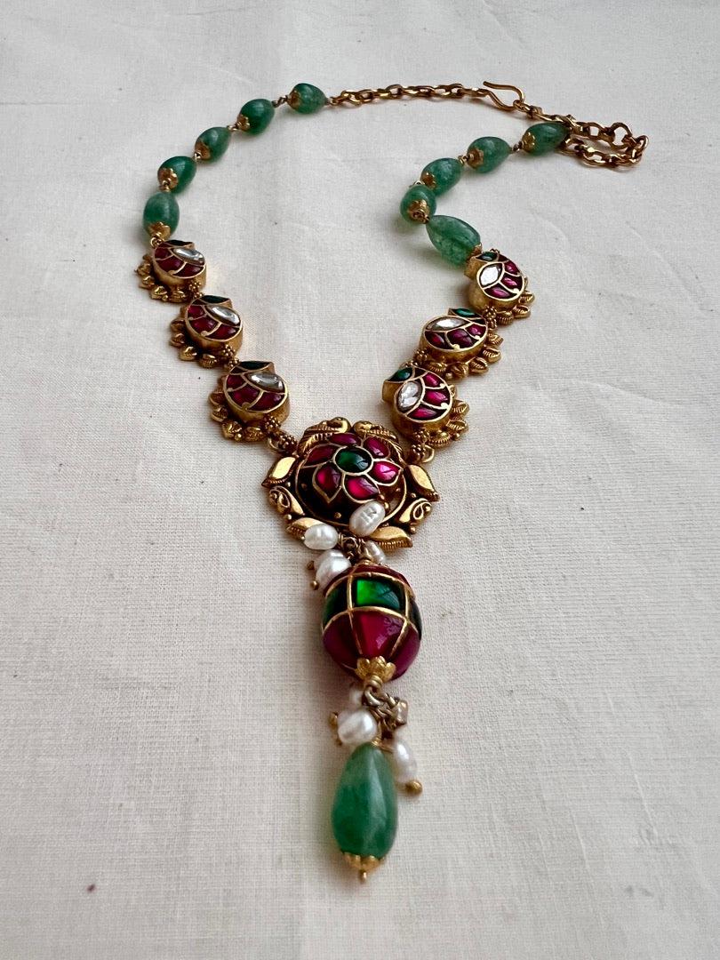 Kundan, ruby & emerald peacock necklace with tear shaped jade beads-Silver Neckpiece-CI-House of Taamara