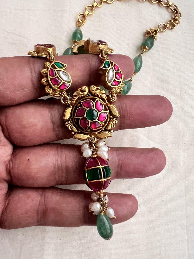 Kundan, ruby & emerald peacock necklace with tear shaped jade beads-Silver Neckpiece-CI-House of Taamara