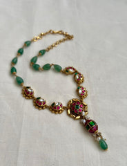 Kundan, ruby & emerald peacock necklace with tear shaped jade beads-Silver Neckpiece-CI-House of Taamara