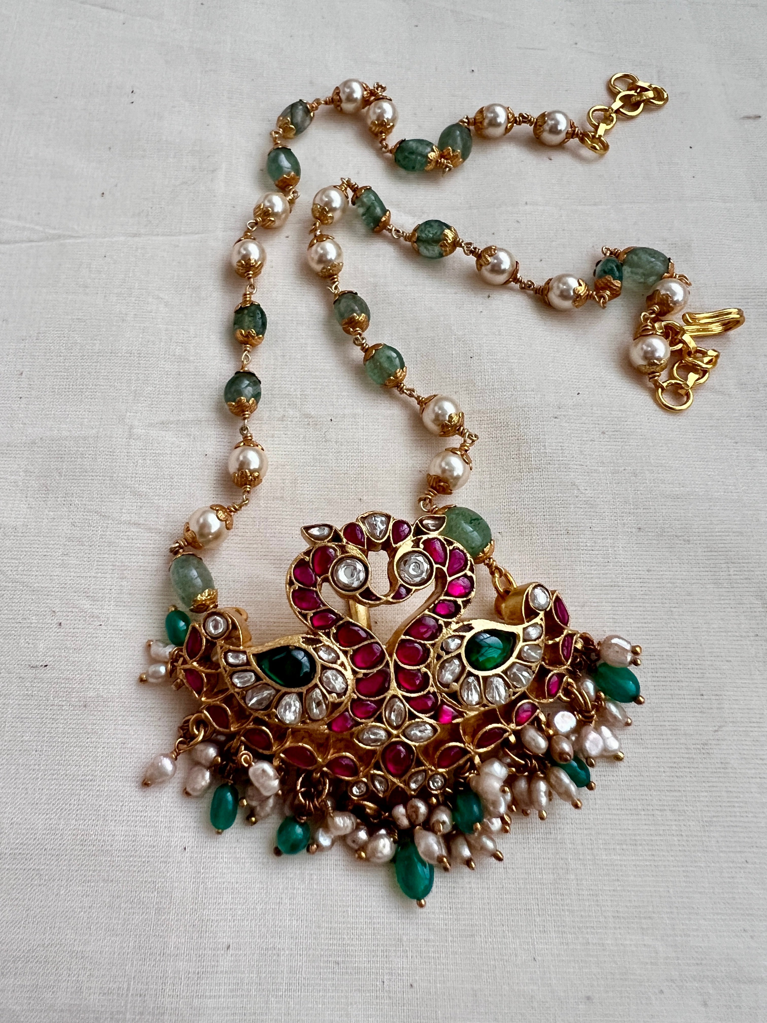 Kundan, ruby & emerald peacock pendant with pearls and jade beads chain-Silver Neckpiece-CI-House of Taamara