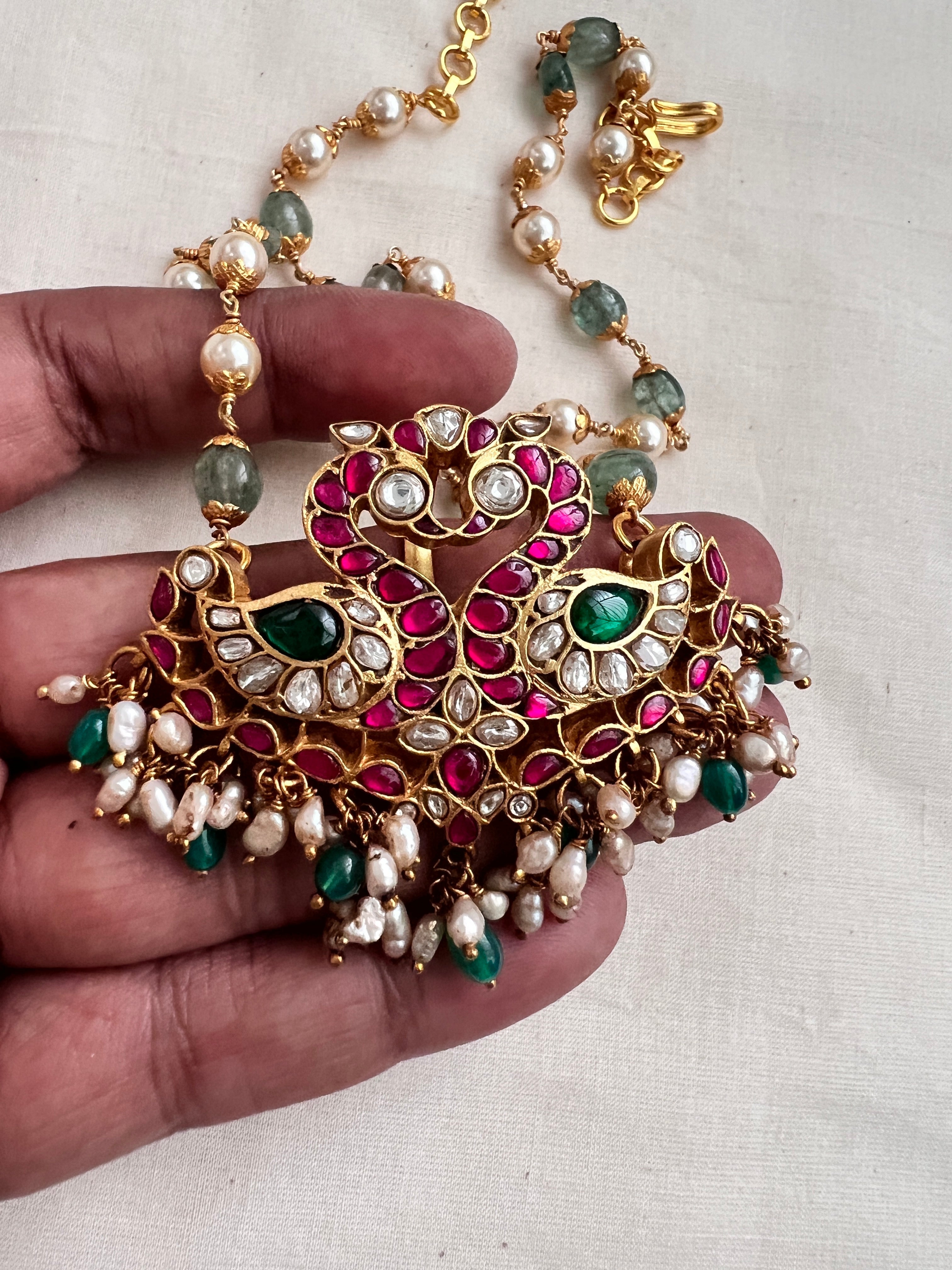 Kundan, ruby & emerald peacock pendant with pearls and jade beads chain-Silver Neckpiece-CI-House of Taamara