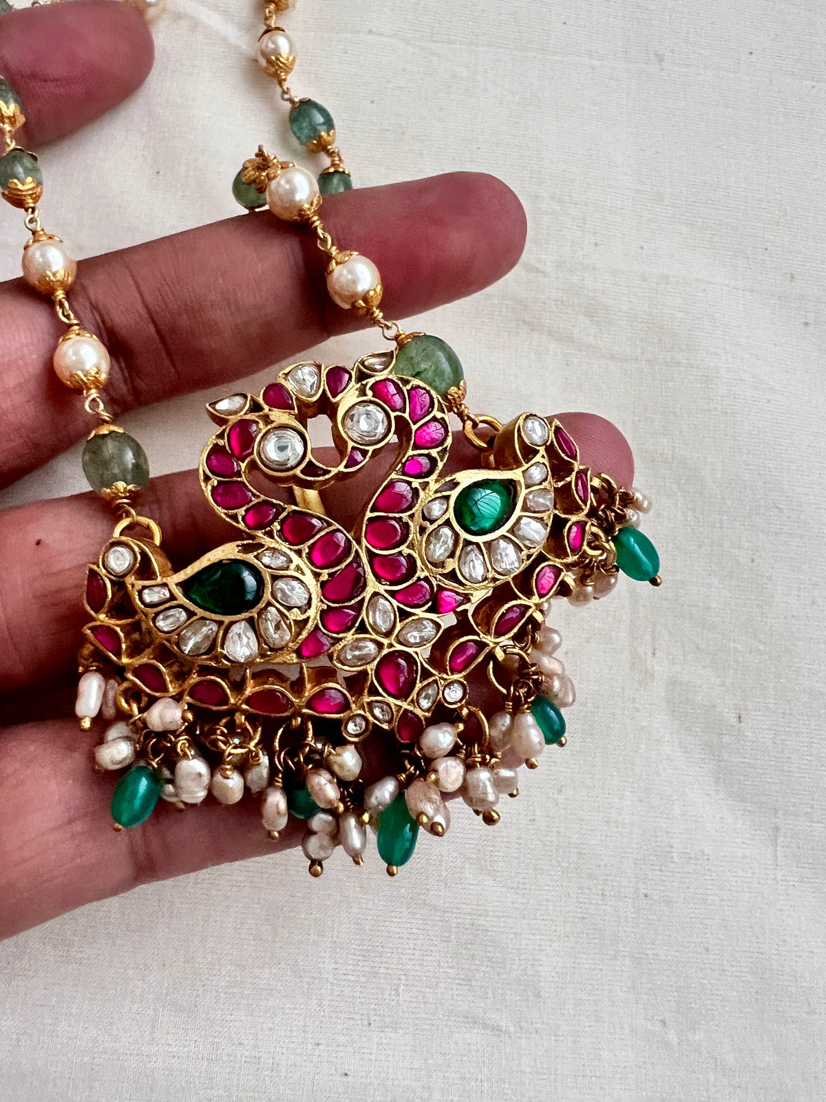 Kundan, ruby & emerald peacock pendant with pearls and jade beads chain-Silver Neckpiece-CI-House of Taamara