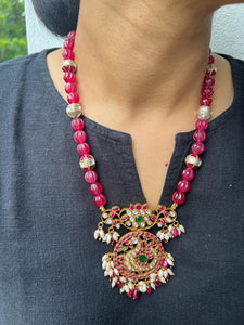 Kundan, ruby & emerald peacock pendant with pearls and ruby beads-Silver Neckpiece-CI-House of Taamara