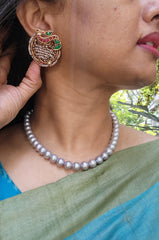 Kundan, ruby & emerald peacock with antique style pearls-Earrings-CI-House of Taamara