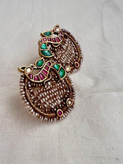 Kundan, ruby & emerald peacock with antique style pearls-Earrings-CI-House of Taamara
