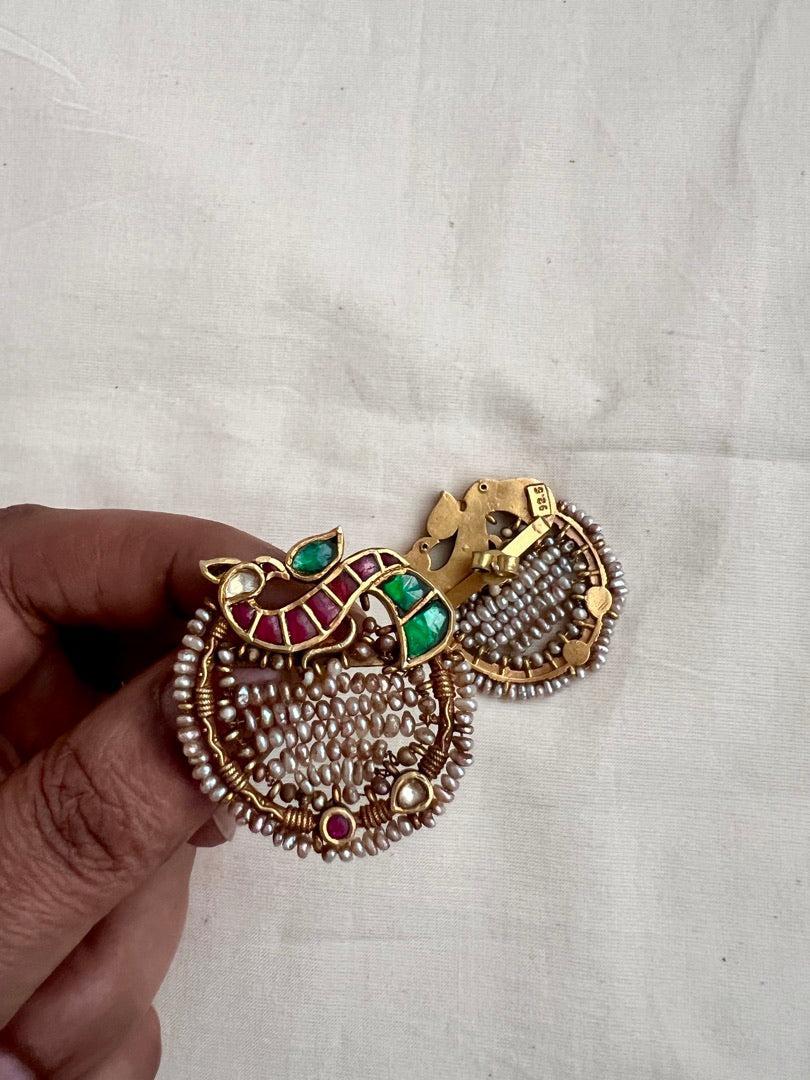 Kundan, ruby & emerald peacock with antique style pearls-Earrings-CI-House of Taamara
