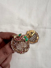 Kundan, ruby & emerald peacock with antique style pearls-Earrings-CI-House of Taamara