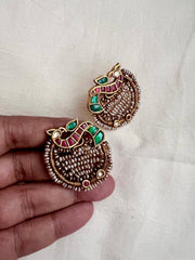 Kundan, ruby & emerald peacock with antique style pearls-Earrings-CI-House of Taamara