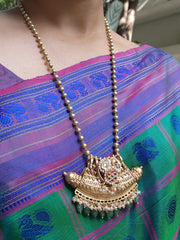 Kundan, ruby & emerald pendant chain with pearls and green onyx beads-Silver Neckpiece-CI-House of Taamara