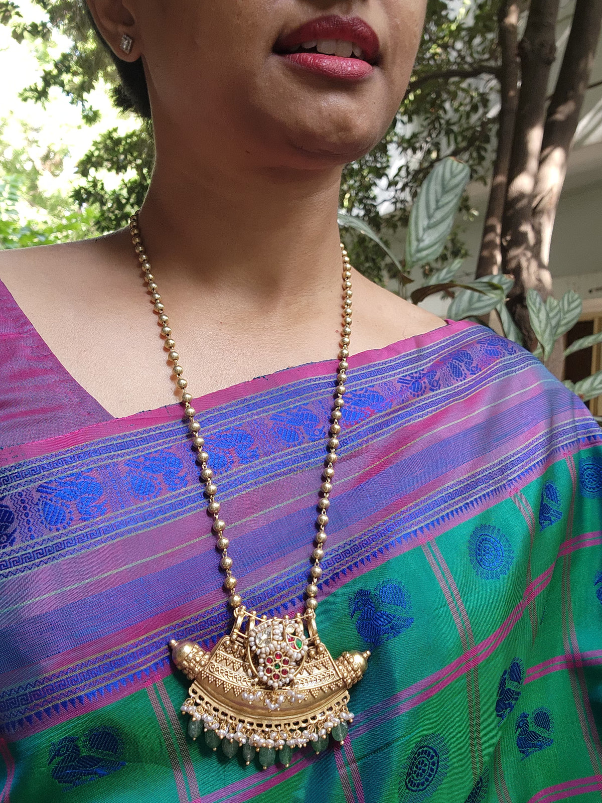 Kundan, ruby & emerald pendant chain with pearls and green onyx beads-Silver Neckpiece-CI-House of Taamara