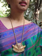 Kundan, ruby & emerald pendant chain with pearls and green onyx beads-Silver Neckpiece-CI-House of Taamara