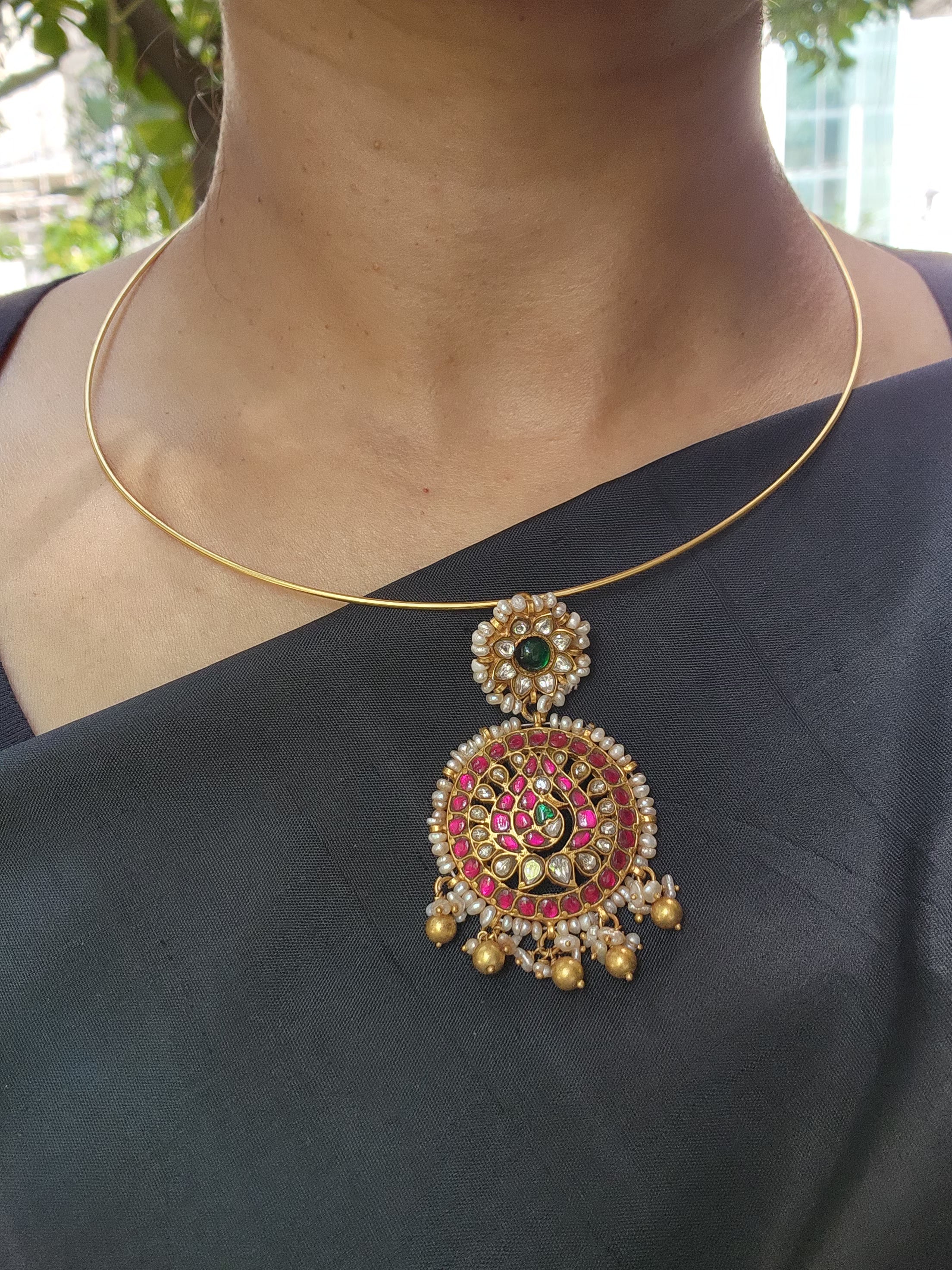 Kundan, ruby & emerald pendant with pearls and gold polish beads with hasli-Silver Neckpiece-CI-House of Taamara