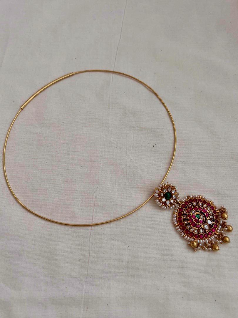 Kundan, ruby & emerald pendant with pearls and gold polish beads with hasli-Silver Neckpiece-CI-House of Taamara