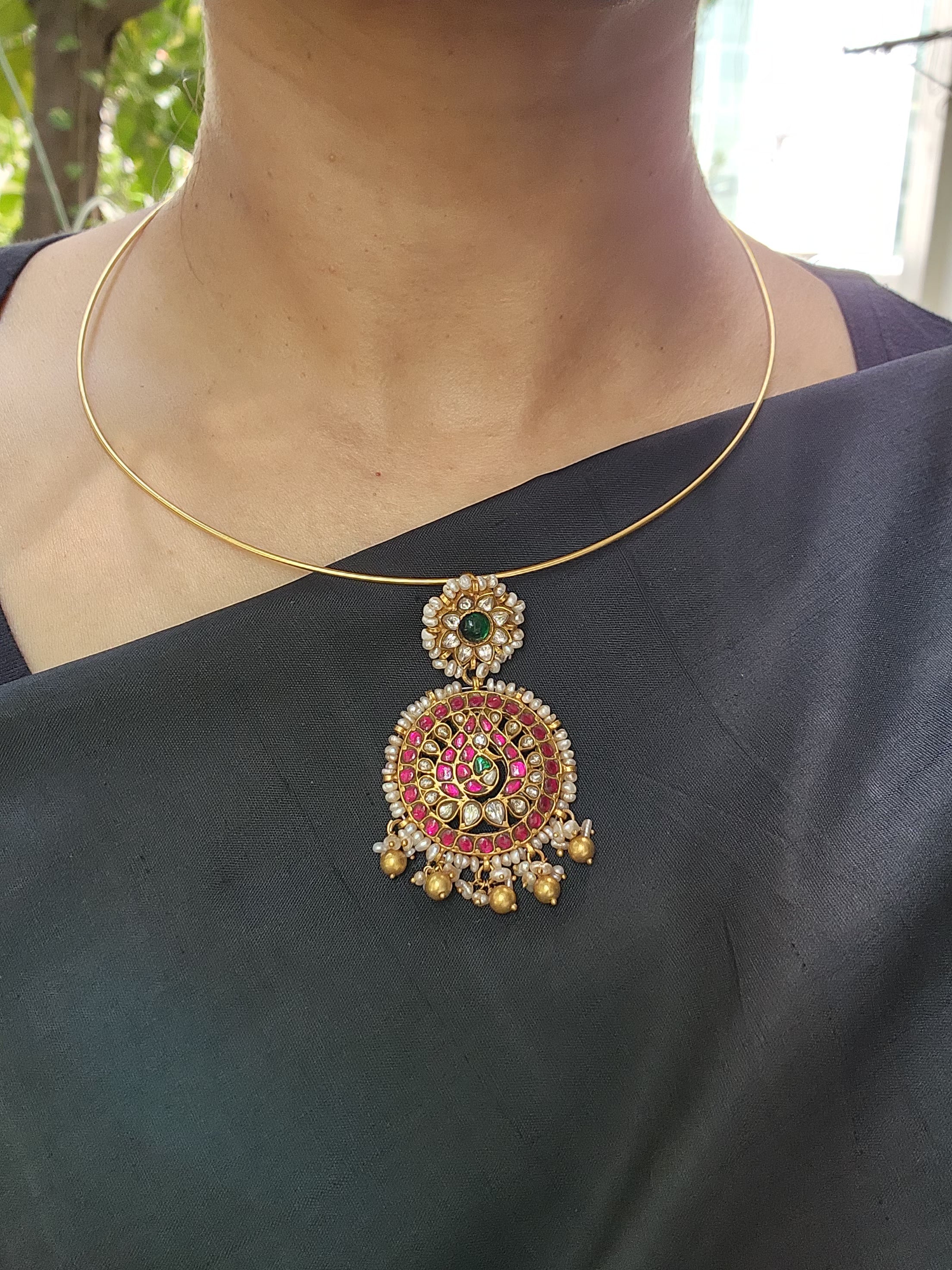 Kundan, ruby & emerald pendant with pearls and gold polish beads with hasli-Silver Neckpiece-CI-House of Taamara