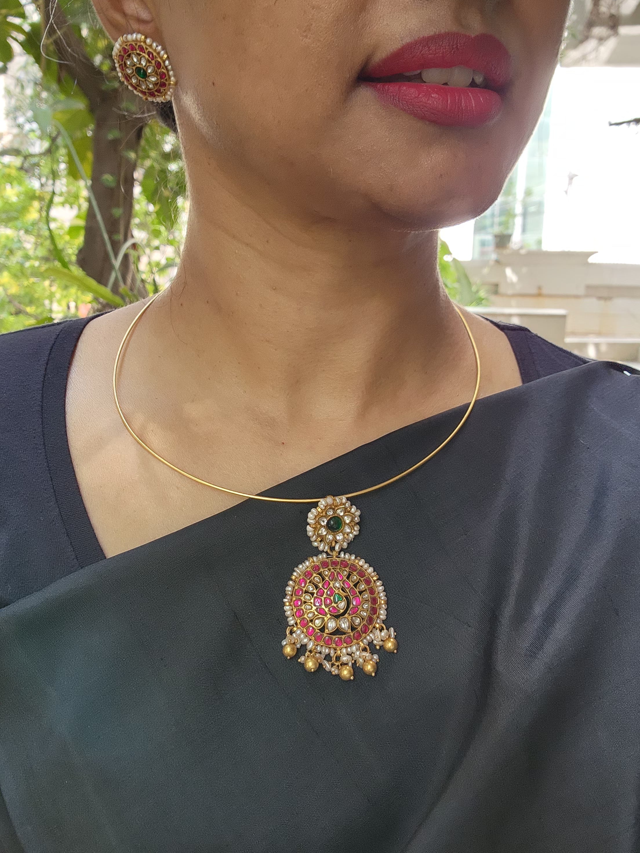 Kundan, ruby & emerald pendant with pearls and gold polish beads with hasli-Silver Neckpiece-CI-House of Taamara
