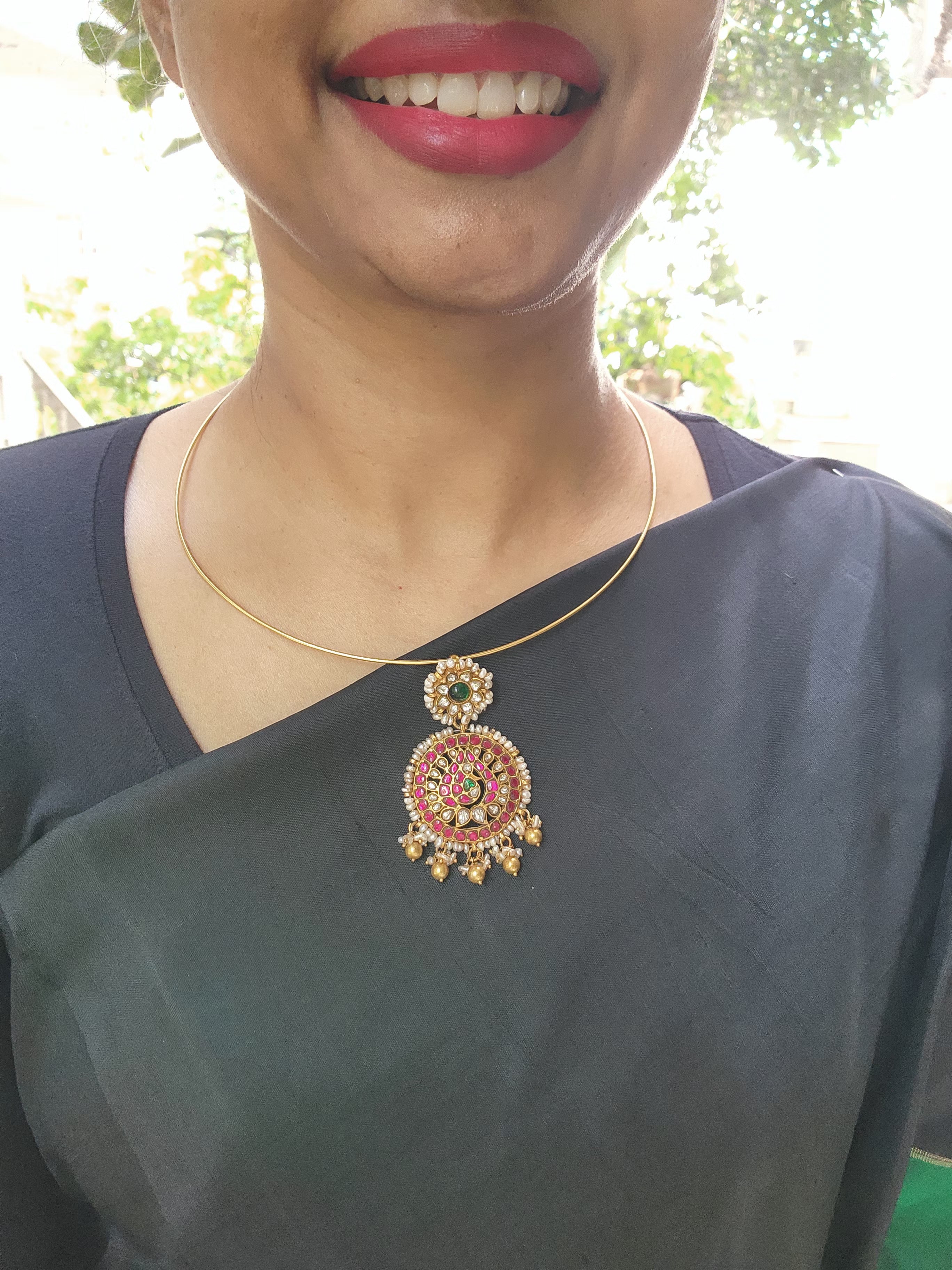 Kundan, ruby & emerald pendant with pearls and gold polish beads with hasli-Silver Neckpiece-CI-House of Taamara