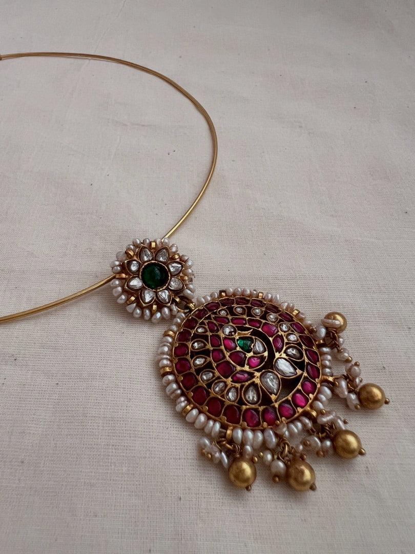 Kundan, ruby & emerald pendant with pearls and gold polish beads with hasli-Silver Neckpiece-CI-House of Taamara