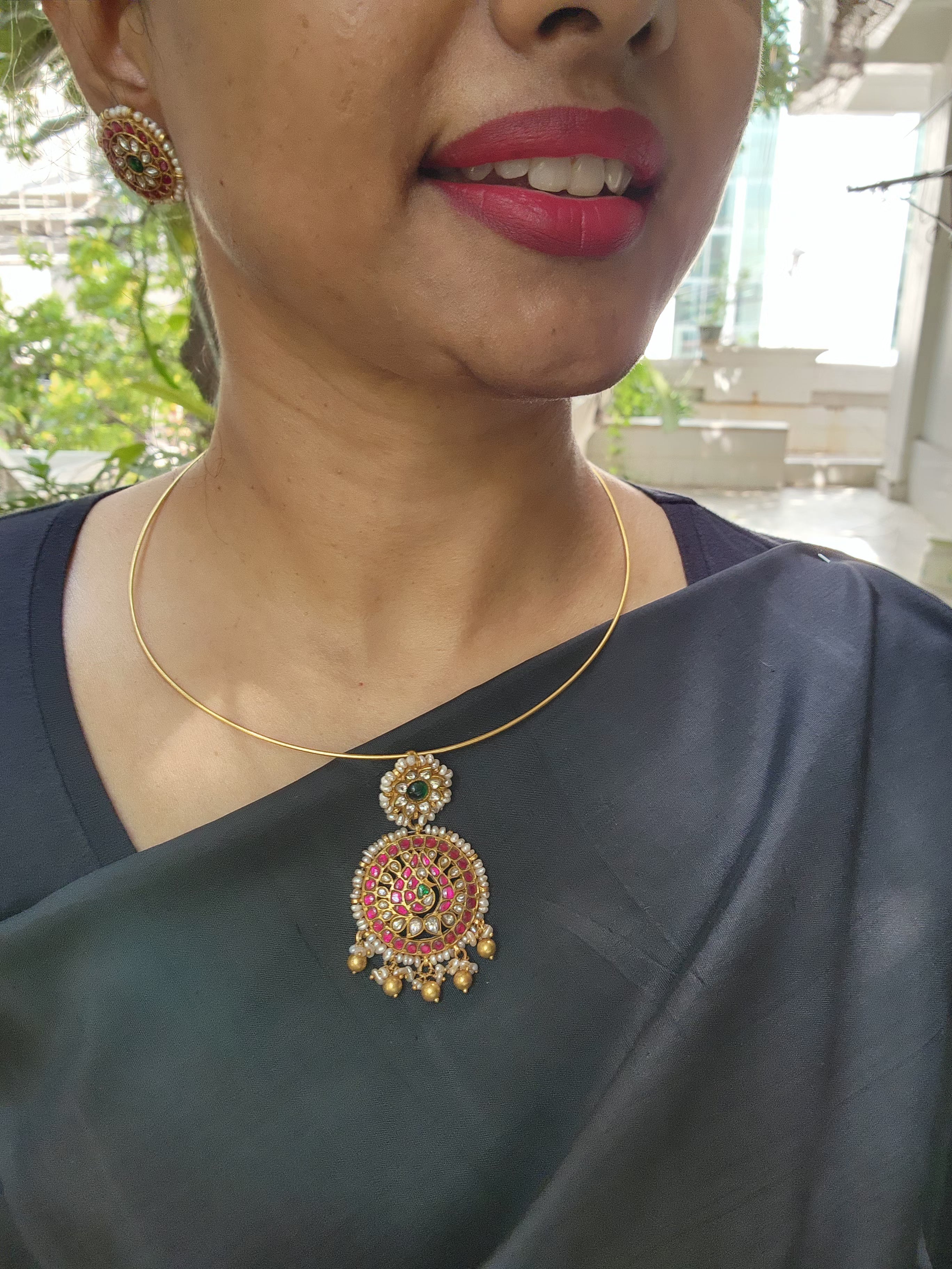 Kundan, ruby & emerald pendant with pearls and gold polish beads with hasli-Silver Neckpiece-CI-House of Taamara