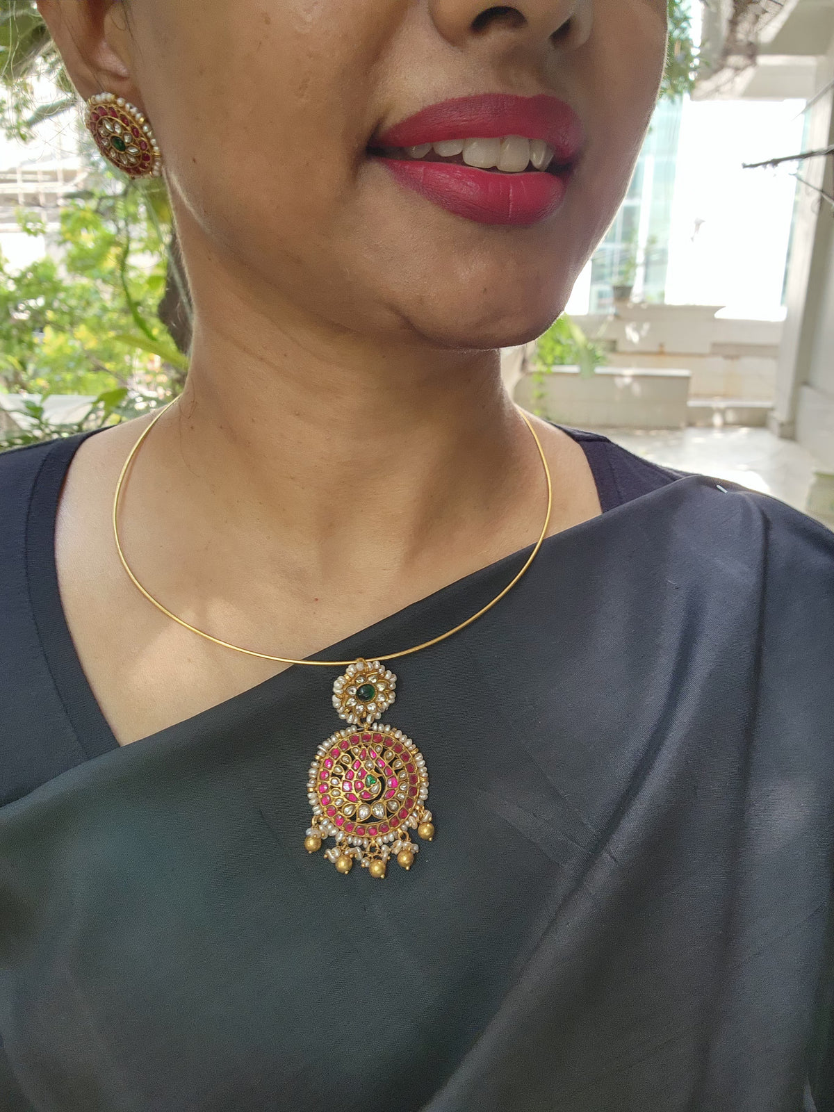 Kundan, ruby & emerald pendant with pearls and gold polish beads with hasli-Silver Neckpiece-CI-House of Taamara