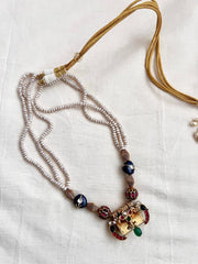 Kundan, ruby & emerald pendant with pearls and kundan inlay beads chain-Silver Neckpiece-CI-House of Taamara
