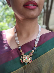 Kundan, ruby & emerald pendant with pearls and kundan inlay beads chain-Silver Neckpiece-CI-House of Taamara