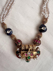 Kundan, ruby & emerald pendant with pearls and kundan inlay beads chain-Silver Neckpiece-CI-House of Taamara