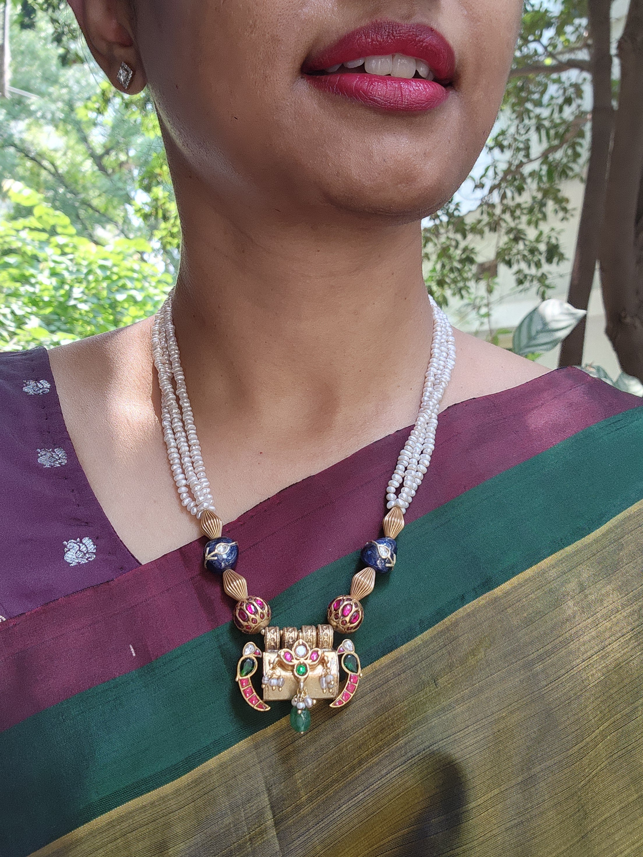 Kundan, ruby & emerald pendant with pearls and kundan inlay beads chain-Silver Neckpiece-CI-House of Taamara